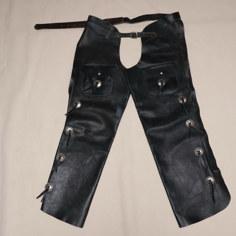 Vintage Black Leather Motorcycle Chaps Concho Fringe Biker Western Riding
